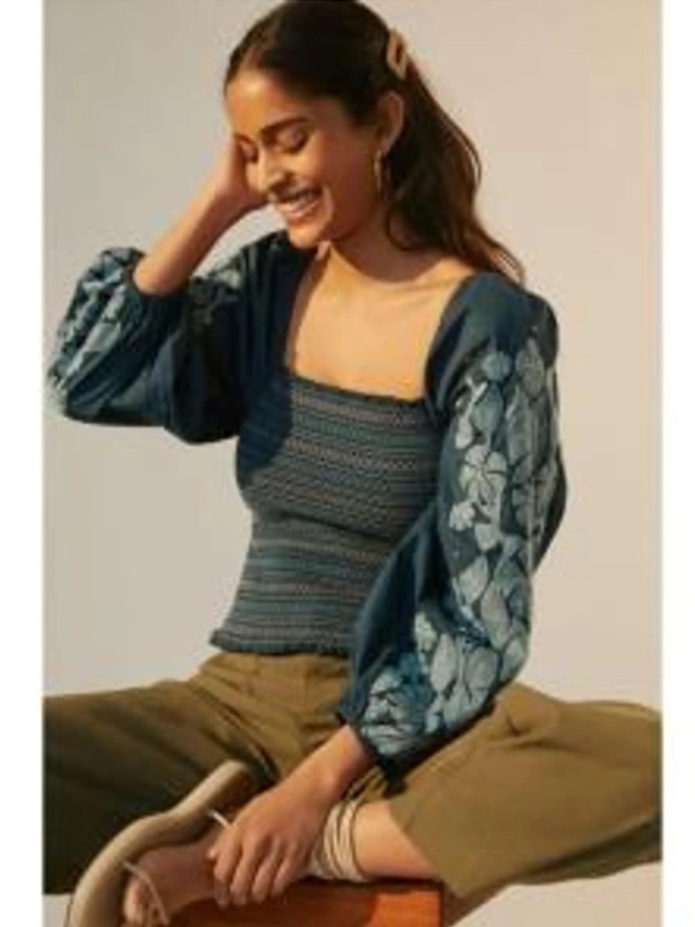 Anthropologie SmockedPuffSleeve Blouse Embroidered SquareNeckTop Medium Romantic